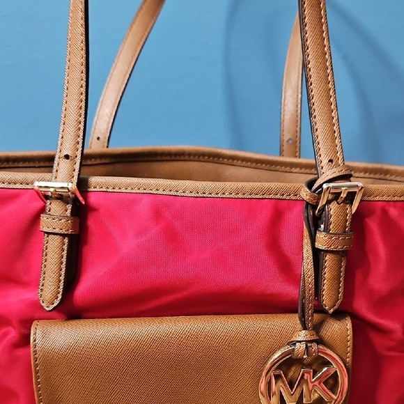 Michael Kors Women's Nylon Red and Tan Travel Tote - Picture 3 of 16